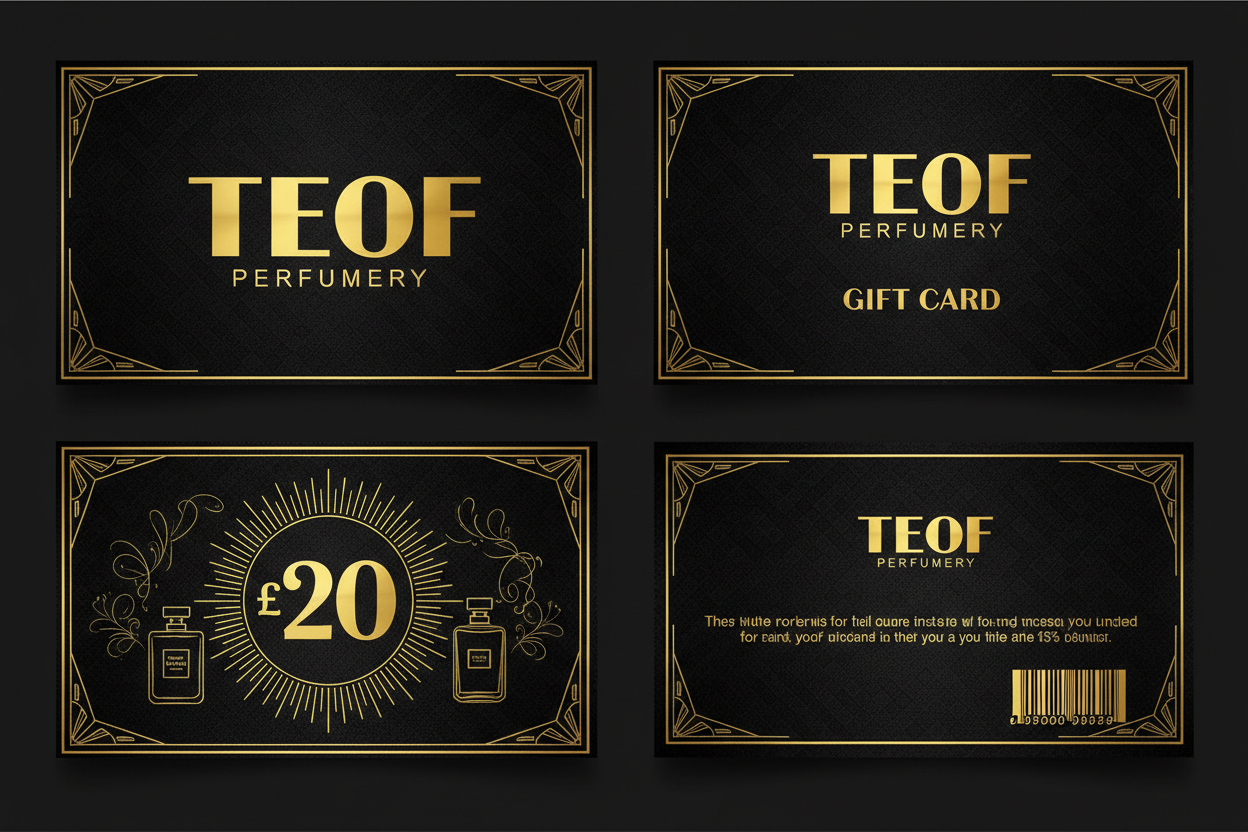 TEOF Perfumery £20 gift card image in black and gold theme